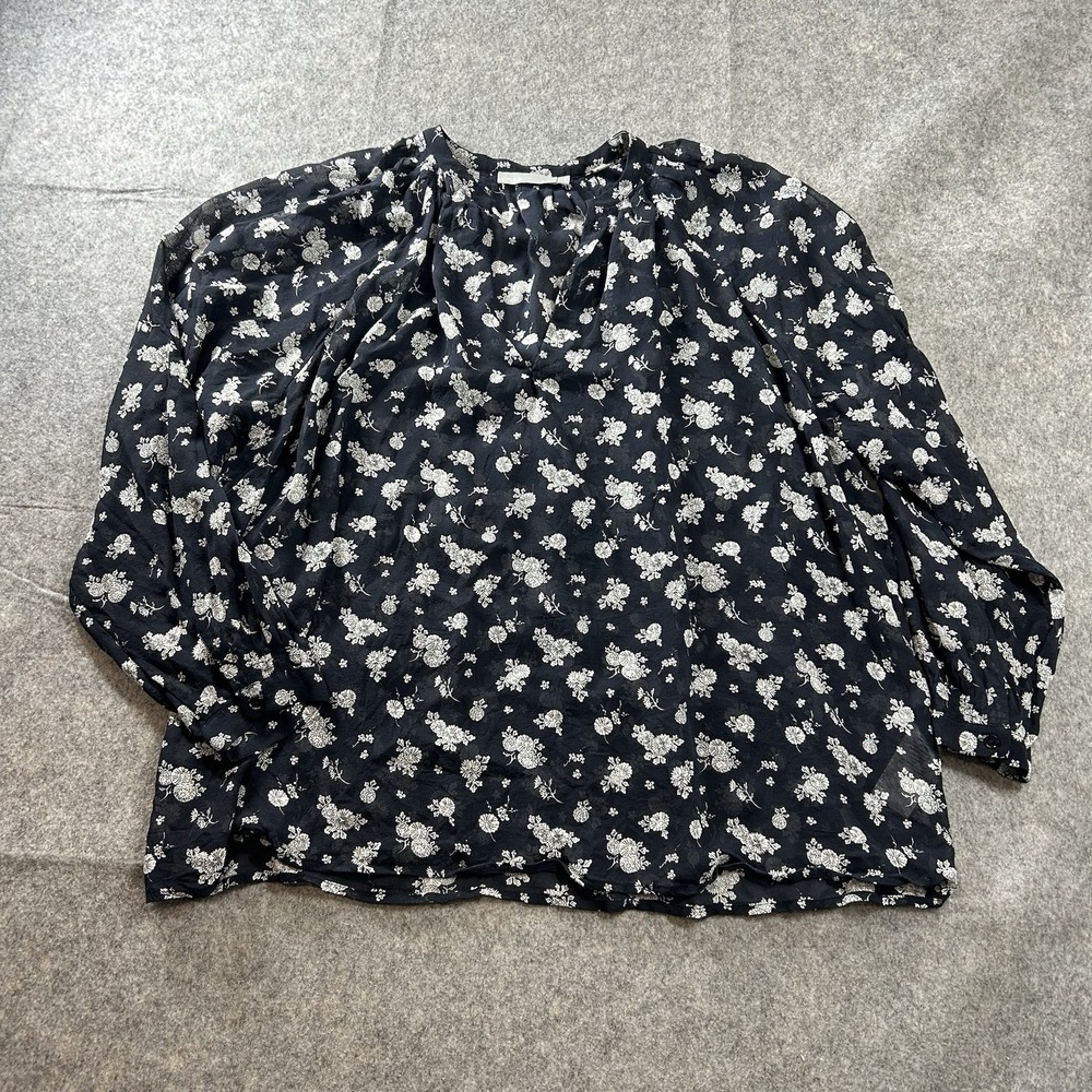 Vince Top Women's Medium Calico Floral Sheer Navy Blue White Silk Blouse